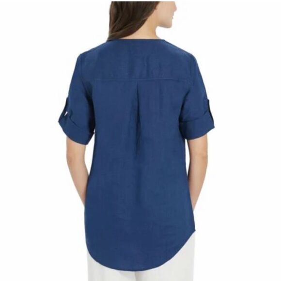 ELLEN‎ TRACY 100% Linen Navy Blue Tunic Top Roll Tab Sleeve V-Neck Size Medium - Picture 3 of 11
